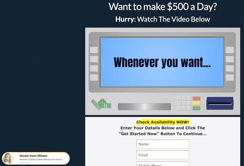Affiliate Marketing Website ATM Homepage False Income Claim
