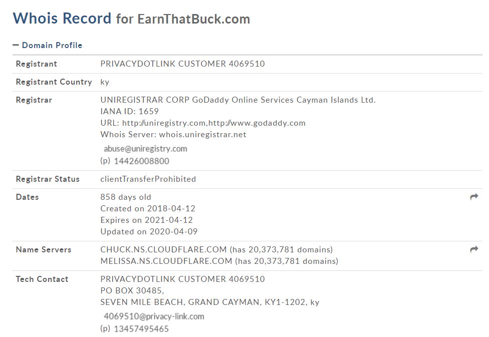 Affiliate Marketing EarnThatBuck WhoIs Domain Record