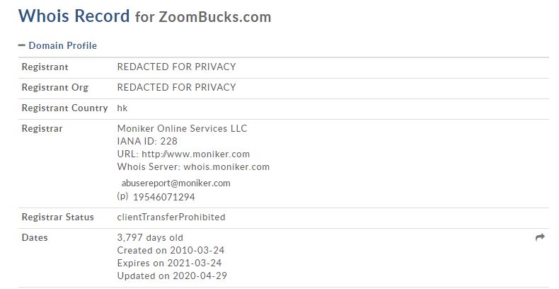 Affiliate Marketing ZoomBucks WhoIs Record